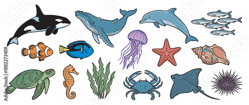 Colorful collection of illustrated sea animals and marine life featuring a whale, dolphin, orca, turtle, crab, and jellyfish in a charming and playful cartoon style with bold outlines