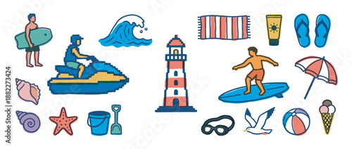 Colorful set of hand-drawn summer beach illustrations featuring a surfer, lighthouse, wave, and ice cream cone in a fun, playful doodle and pixel art aesthetic