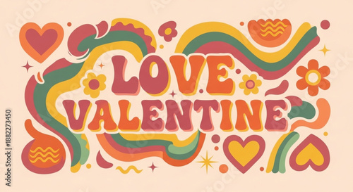 Retro Valentine's Day Love Greeting Card with Groovy Wavy Design and Heart Accents