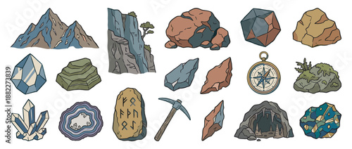 Geology and exploration icon set illustration with mountains, crystals, rocks, a runestone, a cave, a pickaxe, and a compass in a colorful hand-drawn cartoon style for adventure