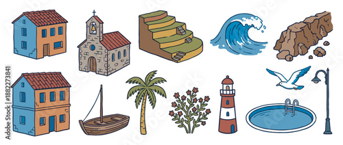 Hand-drawn seaside village element collection featuring a church, lighthouse, houses, boat, wave, and palm tree in a cute, colorful cartoon illustration style
