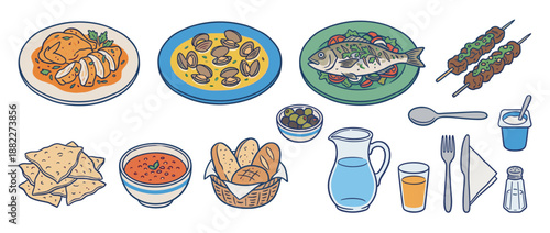 Collection of hand-drawn food illustrations featuring various dinner dishes like grilled fish, chicken, clams, kebabs, soup, bread, and olives in a simple, colorful cartoon style