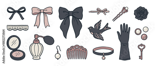 Collection of vintage feminine accessories including bows, perfume, a glove, and jewelry in a hand-drawn illustrated style with a romantic and nostalgic aesthetic