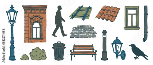 Hand-drawn collection of various city elements featuring a lamppost, building facade, walking person, park bench, and cobblestone street in a charming, rustic illustrated style