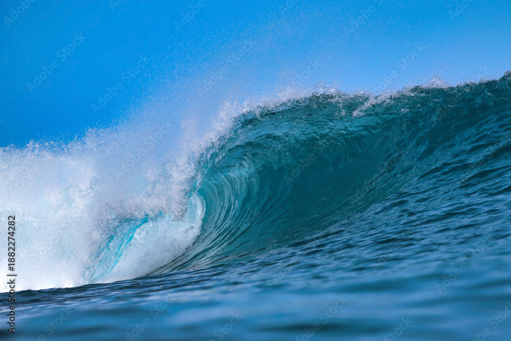Fototapeta premium Blue Ocean Wave Curling Toward Shore, Giant Turquoise Barrel Captured MidBreak, Spray Arcing, Sunlight
