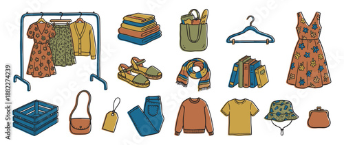 Collection of hand-drawn clothing and accessories for a flea market or second-hand shop concept, featuring dresses, jeans, shoes, and books in a colorful doodle illustration style