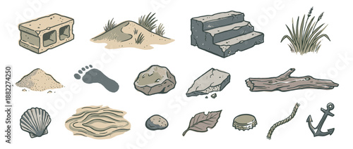 Collection of hand-drawn illustrated objects including a cinder block, sand dune, seashell, anchor, and driftwood in a rustic, vintage style with muted colors