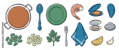 Collection of hand-drawn food illustrations featuring seafood ingredients for a traditional meal with a paella pan, shrimp, mussels, clams, beans, lemon, and utensils