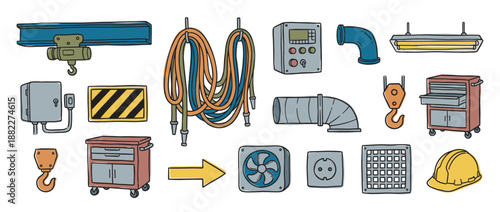 Collection of hand-drawn industrial equipment icons featuring a tool cart, hard hat, crane hook, ventilation duct, and control panel in a colorful doodle illustration style