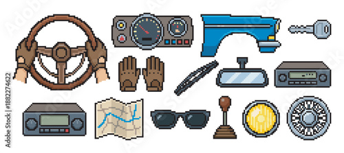 Set of pixel art car parts and driving accessories for a retro video game, including a steering wheel, dashboard, map, gloves, key, sunglasses, and other vehicle elements