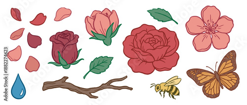 Set of hand-drawn nature illustrations featuring red roses, pink blossoms, a butterfly, bee, and other garden elements in a charming, vintage cartoon style for decorative design