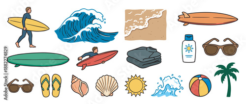 Set of colorful hand-drawn surfing and beach icons featuring a surfer, surfboard, ocean wave, sunglasses, and palm tree in a simple doodle style for summer vacation concepts