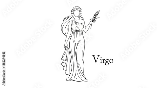 Virgo Zodiac Sign Outline Icon of a Maiden with Wheat, Astrology Symbol of Purity in Line Art, Minimalistic Horoscope Vector on Isolated White Background.