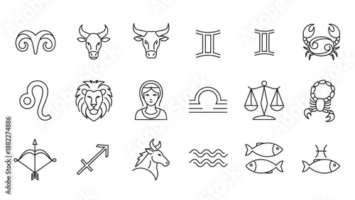 Set of 12 Astrology Zodiac Sign Line Art Icons, Horoscope Symbols Collection in Outline Style on Isolated White Background, Clean Celestial Star Signs Vector.