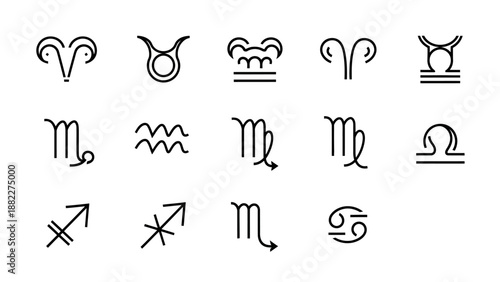 Minimalist Outline Zodiac Astrological Signs Collection in Simple Flat Design on an Isolated White Background