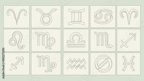 Organized Grid of 12 Zodiac Sign Symbols in Individual Square Frames on a Light Green Background