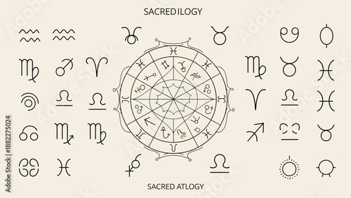 Intricate Sacred Astrological Chart Wheel with Zodiac Signs and Celestial Symbols on a Beige Background