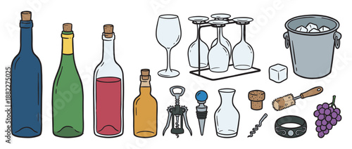 Colorful collection of wine accessories and equipment including bottles, glasses, a corkscrew, and an ice bucket, depicted in a charming hand-drawn cartoon illustration style