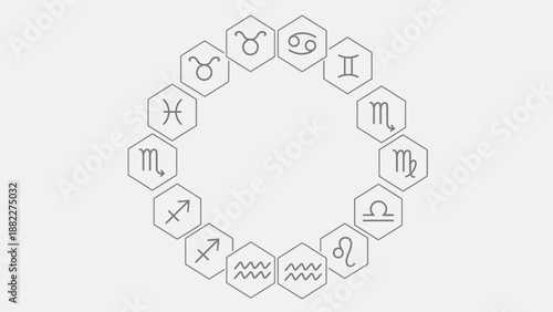 Harmonious Circular Display of 12 Zodiac Signs within Hexagon Frames in Bright Studio Background