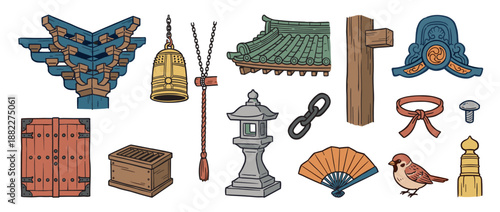 Collection of traditional Asian cultural items including a temple bell, stone lantern, and folding fan, presented as a hand-drawn illustration set with a historical and spiritual theme