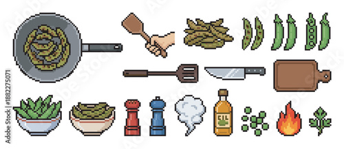 Pixel art cooking icon set featuring green beans, a frying pan, knife, spatula, and other kitchen utensils for a retro video game aesthetic