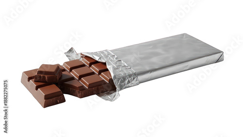 Bar of dark chocolate partially unwrapped, showing a broken piece