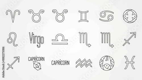 Set of 12 Minimalist Line Art Zodiac Signs and Constellations with Text Labels in Bright Studio Background