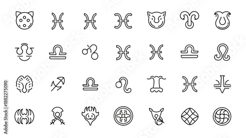 Diverse Collection of Esoteric Astrology and Mystic Symbols Line Art Icons on an Isolated White Background