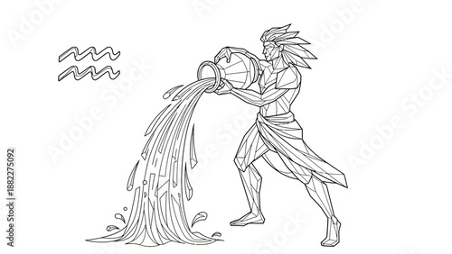 Majestic Aquarius Zodiac Sign Depiction of a Man Pouring Water, Detailed Line Art, isolated white background