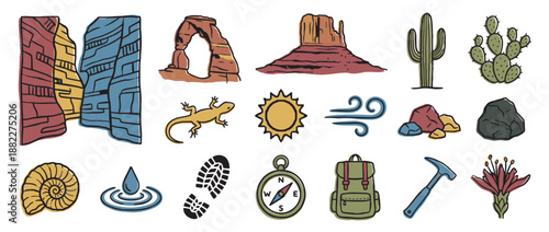 Large set of colorful hand-drawn icons for desert hiking and geology, featuring a canyon, arch, cactus, sun, compass, backpack, fossil, and geological hammer