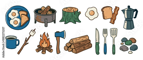 Charming set of hand-drawn camping illustrations featuring a campfire, breakfast food, firewood, an axe, and outdoor cooking equipment in a rustic, cartoon style