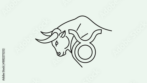 Taurus Zodiac Sign and Bull Outline Illustration on Light Green Background