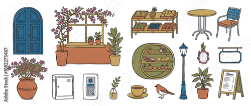 Collection of hand-drawn street cafe illustrations featuring a fruit stand, outdoor furniture, an arched door, window, and plants in a charming, rustic doodle style