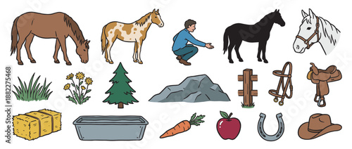Collection of hand-drawn horse illustrations and farm elements including a saddle, bridle, horseshoe, and hay bale in a simple, colorful cartoon doodle style