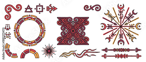 Set of various ancient tribal ornaments and pagan symbols featuring a mystical compass, intricate knotwork, decorative borders, and circular frames in a hand-drawn artistic style