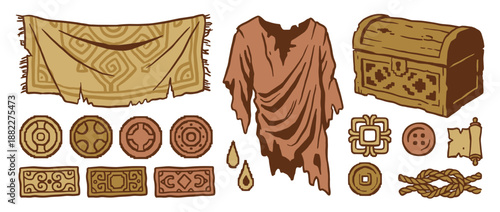 Collection of ancient fantasy adventure items including a treasure chest, tattered clothes, old coins, and a patterned rug, illustrated in a rustic, hand-drawn cartoon style