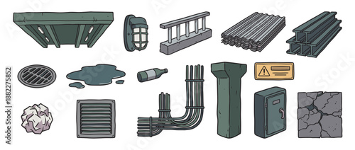 Collection of hand-drawn industrial urban objects including a manhole cover, steel beams, electrical wires, and a concrete pillar in a detailed cartoon illustration style