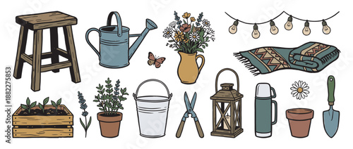 Collection of hand-drawn gardening tools and cozy outdoor items in a rustic doodle style, including a watering can, flowers, lantern, and blanket for a hygge lifestyle concept