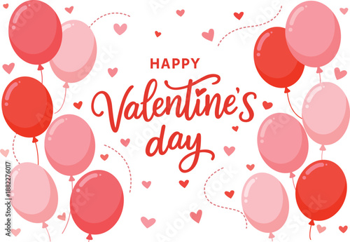 Valentines day banner with balloons, realistic pink and red air balloons, hand drawn calligraphy. Sale poster Vector illustration in flat style.