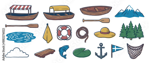 Hand-drawn collection of lake life and outdoor adventure icons featuring a boat, paddle, anchor, fish, mountains, and pine trees in a charming rustic doodle style