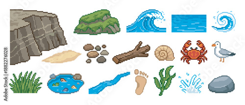 Pixel art collection of beach and nature elements featuring a cliff, wave, crab, and seagull in a classic 8-bit retro video game style asset pack