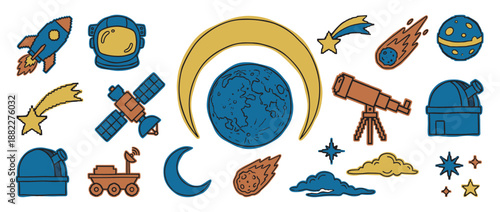 Collection of hand-drawn space exploration icons including a rocket, planet, astronaut helmet, and telescope in a whimsical doodle style with a limited color palette