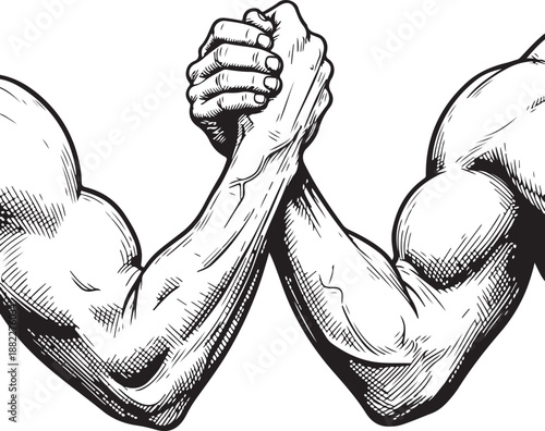 Two powerful arms locked in an intense arm wrestle, symbolizing strength and competition