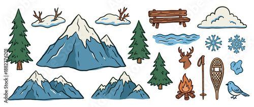 Collection of hand-drawn winter nature illustrations featuring mountains, pine trees, a campfire, a deer, and camping elements in a charming doodle style for seasonal design