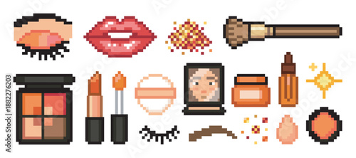Pixel art makeup and cosmetic icon collection with lipstick, eyeshadow, brush, and glitter in a retro 8-bit style, representing a digital beauty and skincare theme