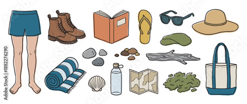 Collection of hand-drawn travel and adventure illustrations featuring hiking boots, a map, a beach towel, a sun hat, and other essential items for an outdoor vacation or journey