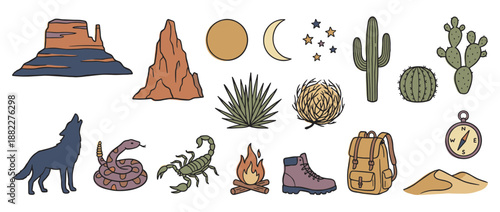 Collection of desert themed hand drawn illustrations featuring a cactus, wolf, scorpion, snake, campfire, backpack, and compass for adventure and travel concepts