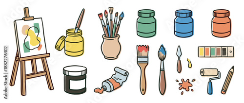 Collection of hand-drawn art supplies including an easel with canvas, paintbrushes, palette knife, and various paints in a charming doodle illustration style