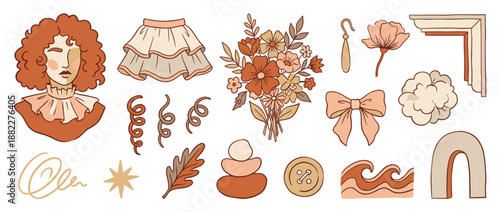 Large set of hand-drawn bohemian illustrations with a woman's portrait, floral bouquet, skirt, and abstract shapes in a warm, earthy color palette for creative projects