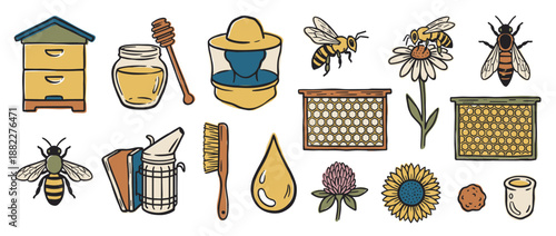 Collection of hand-drawn beekeeping illustrations featuring a beehive, honey, bees, and flowers in a charming doodle style with a retro color palette